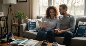 A couple sits together on a couch, reading a book titled "Perks," surrounded by university brochures and a plant, discussing how Banner Life Insurance | 7 Little-Known Perks That Could Change Your Life could help them plan smarter for the future.