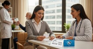 A woman sits across from a doctor in an office, reviewing documents related to her Employee’s State Insurance, with a payslip featuring income details on the table.